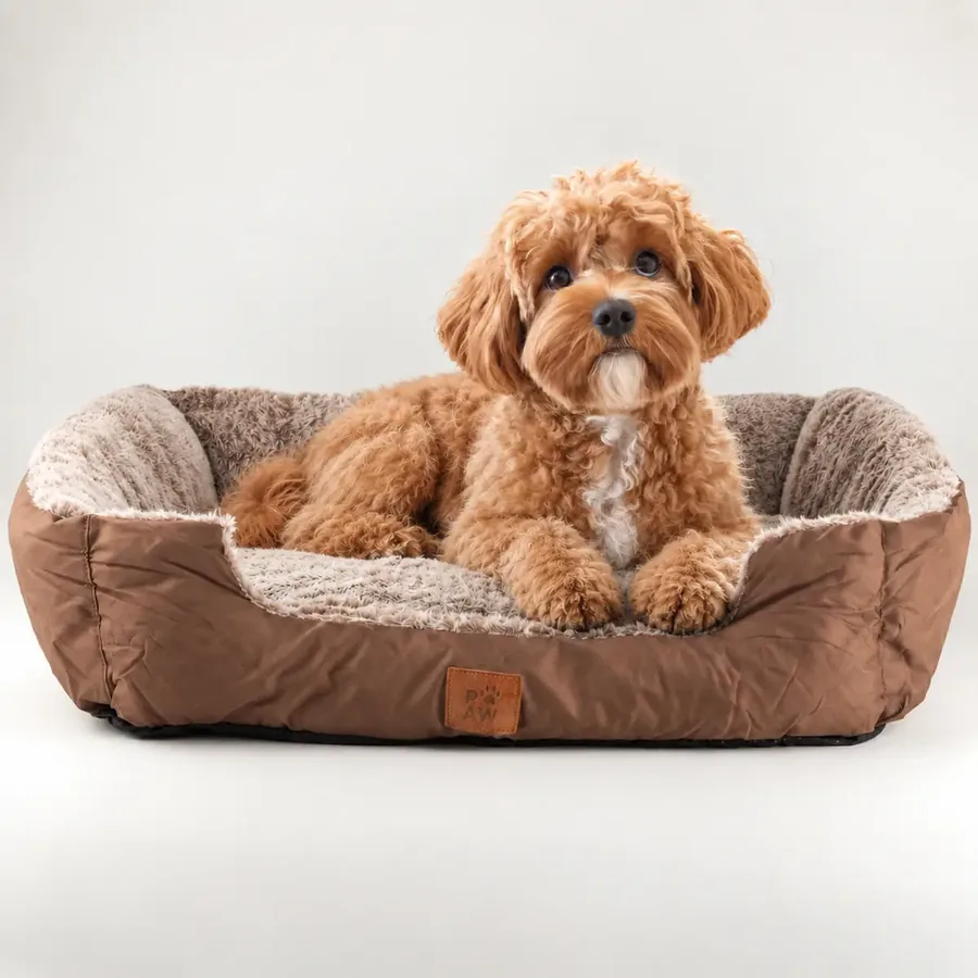 Cama Teddy — Pequeña · 60 × 45 × 17 cm · Peluche marrón