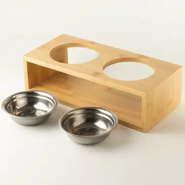 Comedero doble grande con soporte de madera — 2 × 13 cm · Acero 201 + madera